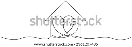 Two heart inside house continuous one line drawn. Love family home concept. Vector illustration isolated on white.