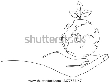 Human hand holding Earth globe with leaves continuous line drawn. Linear world map with plant. Save Planet concept. World environment day symbol. Vector illustration isolated on white.