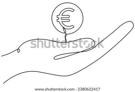 Hand holding euro coin continuous line drawn. Pay symbol. Charity donation concept. Vector illustration isolated on white.