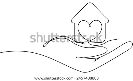 Hand holding house with heart continuous line drawn. Real estate protection concept. Charity symbol. Vector illustration isolated on white.