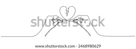 Hands holding broken heart continuous one line drawing. Love concept. Vector illustration isolated on white background.