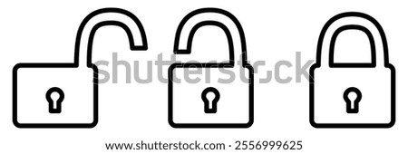 Closed and open line padlock collection. Locked and unlocked outline icon set. Privacy and security symbol. Vector illustration isolated on white.