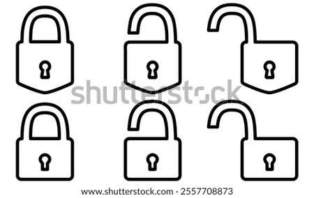 Locked and unlocked line icon set. Closed and open outline padlock collection. Privacy and security symbol. Vector illustration isolated on white.