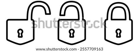 Closed and open line padlock collection. Locked and unlocked outline icon set. Privacy and security symbol. Vector illustration isolated on white.