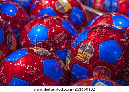BARCELONA,SPAIN-CIRCA MARCH 2015: Balls with FC Barcelona emblem in the official Camp Nou store