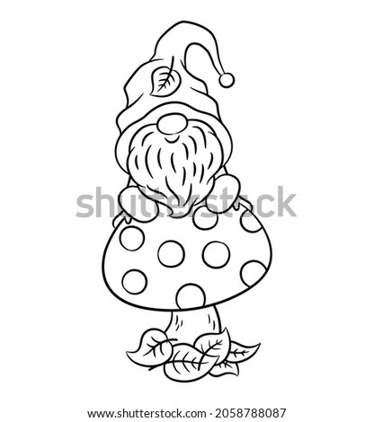 Gnome sitting on a toadstool. Cute nordic fairytale character scandinavian gnome. Autumn fall theme. Funny little dwarf on a mushroom. Hand drawn style line art doodle. Black and white vector image. Stockfoto © 