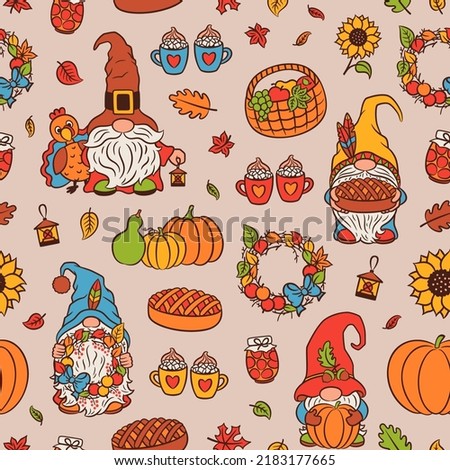 Fall Thanksgiving seamless pattern with gnomes, turkey and pumpkin. Cheerful bright repeat design for paper, fabric print. Autumn garden, farm harvest, cottagecore theme. Cozy home simple living vibe.