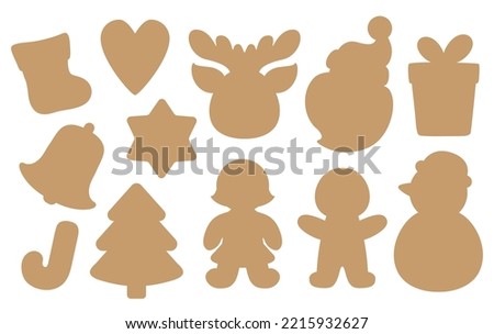 Die cut silhouette shapes for Christmas cookies or tags. Christmas templates for cutting machine, paper craft. Vector icons set. Xmas motifs isolated silhouettes cutter knife shape.