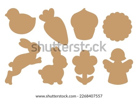 Easter bunny, flower, egg silhouette shapes. Spring design template with cute rabbit silhouettes for die cutting craft, Easter cookie cutter shapes, or gift tag label. Simple minimal spring symbols.
