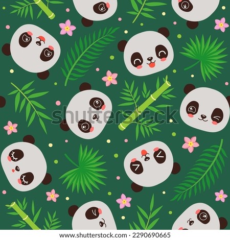 Cute panda seamless pattern. Summer repeat design. Babmoo leaves and palm leaf. Kawaii panda cartoon head seamless design tile. Cartoon animal chinese bear panda faces. Children fashion print fabric.