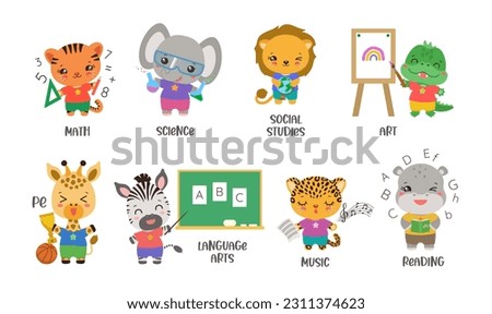 School subject icons with cute safari animals. Back to school kawaii animal set. Cartoon graphics for educational projects. Fun study elementary subjects.