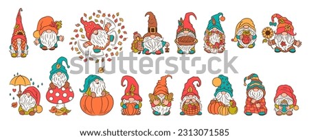 Fall gnomes cute character bundle. Adorable swedish gnomes big set. Autumn scandinavian gnome Tomte funny character. Cute design for print, mascot, toy, etc. Cottagecore harvest thanksgiving theme.