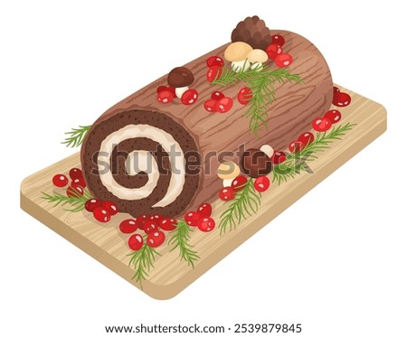 Yule Log roll cake Christmas food. Traditional french roll in shape of tree log, decorated with chocolate frosting, cranberry, sweet mushrooms. Hand drawn vector illustration of holiday dessert meal.