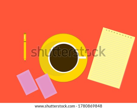 Yellow leaves, pen and brown, envelopes of sugar substitutes, on an orange background, in zenith position