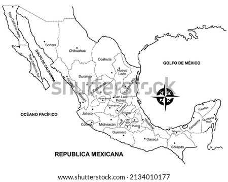 Map of the Republic of Mexico or Mexico, with names on a white background