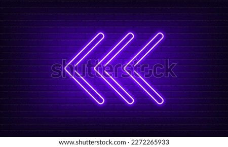 Neon sign Arrow Left purple on brick wall background. Vintage electric signboard with bright neon lights. Neon symbol pointer light. Bar or Cafe with coffee. Night Club Drink. Vector illustration