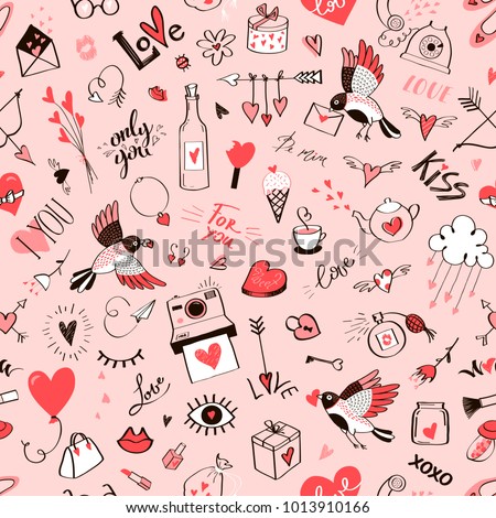 Seamless doodle love pattern.Vector