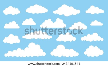 Collection of different abstract flat cartoon fluffy clouds isolated on blue sky panorama vector illustration. Weather forecast symbols set. Outdoor nature, spring weather cloudscape