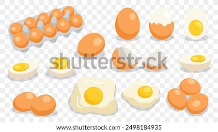 Eggs set. Raw, boiled, whole and sliced, peeled and broken eggs. Scrambled eggs, omelette, yolks, eggshell, egg carton box isolated on transparent background. Flat Vector illustration