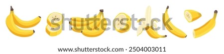 Fresh banana fruits set isolated on white background. Peeled banana and bunch of bananas, pieces and slices collection. Tropical fruits, banana snack, vegetarian menu. Vector illustration, flat simple