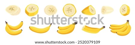 Bananas set. Sliced, whole, pieces, bananas bunch, vector elements isolated on a white background. Diet menu. Vector illustration. 