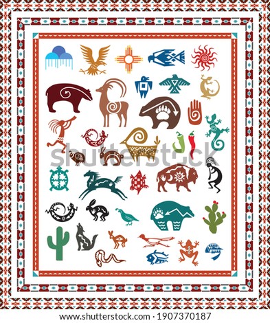 A variety of southwest icons, animals and border designs. Vector illustration.
