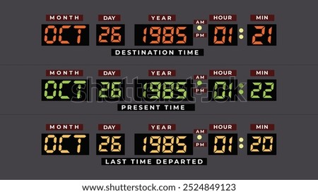 A digital time-travel display with destination, present, and last-departed times