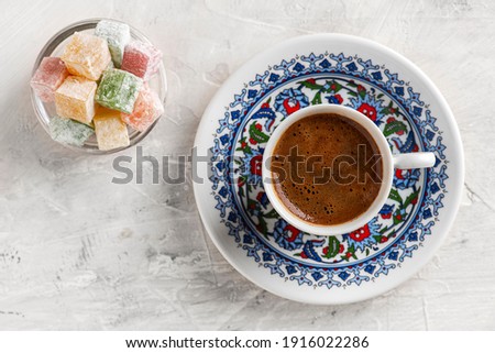 Similar – Image, Stock Photo Traditional Turkish mocha in Ottoman folklore cup on grey stone steps in Maksudiye near Adapazari in Sakarya province, Turkey