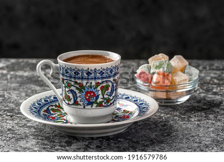 Similar – Image, Stock Photo Traditional Turkish mocha in Ottoman folklore cup on grey stone steps in Maksudiye near Adapazari in Sakarya province, Turkey