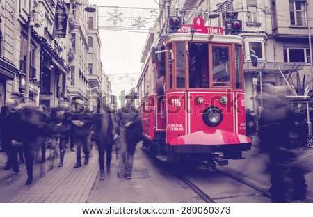 ISTANBUL, TURKEY - May 10: Taksim Istiklal Street at eventide on May 10, 2015 in Istanbul, Turkey. Taksim Istiklal Street is a popular destination in Istanbul. Nostalgic tram of Istanbul.