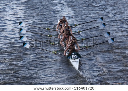 BOSTON - OCTOBER 21: Green Lake Crewraces in the Head of Charles Regatta, Marin Rowing Association won with a with a time of 12:59 on October 21, 2012 in Boston, MA.
