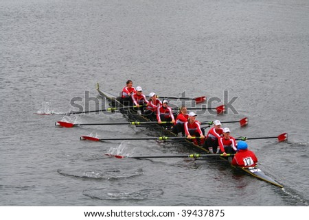 BOSTON - OCTOBER 18: McGill University women\'s rowing team competes in the Head Of The Charles Regatta on October 18, 2009 in Boston, Massachusetts.