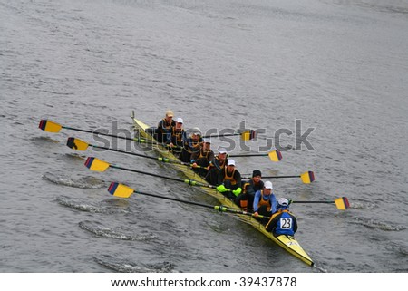 BOSTON - OCTOBER 18: Queen\'s University of Canada women\'s rowing team competes in the Head Of The Charles Regatta on October 18, 2009 in Boston, Massachusetts.