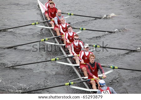 BOSTON - OCTOBER 24:  Men 18 and Under men\'s Crew competes in the Head of the Charles Regatta on October 24, 2010 in Boston, Massachusetts.