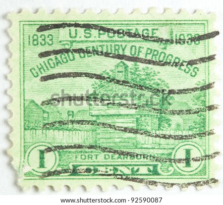 UNITED STATES OF AMERICA - CIRCA 1933: A stamp printed in the United States of America shows Fort Dearborn Chicago Century of Progress, now Chicago,  United States circa 1933