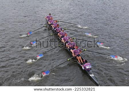 BOSTON - OCTOBER 19, 2014: University of Pennsylvania races in the Head of Charles Regatta Men\'s Championship Eights, Craftsbury Sculling Center won with a time of 14:20