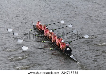 BOSTON - OCTOBER 19, 2014: Brown University races in the Head of Charles Regatta Women\'s Championship Eights