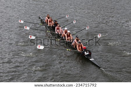 BOSTON - OCTOBER 19, 2014: MIT races in the Head of Charles Regatta Women\'s Championship Eights