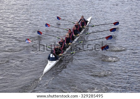BOSTON - OCTOBER 18, 2015:  Marina Aquatic Center races in the Head of Charles Regatta Women\'s Youth Eights