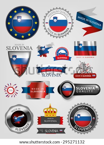 Made in Slovenia Seal Collection, Slovenian Flag Background, Soccer Player team, Shield, Certificate, Ribbon, Button (vector Art)
