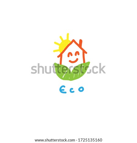 eco village logo, smiling house, sun, greenery, simple children’s picture