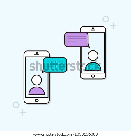 Chat message notifications on two smartphones. Online mobile conversation between two people. Vector trendy outline phone illustration