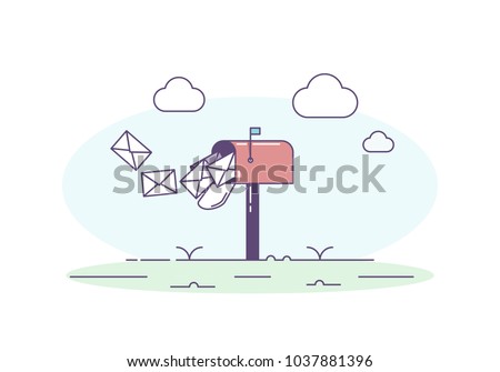 Open mailbox allowing mail envelop letters inside. Vector trendy illustration with mailbox, correspondence, sky and clouds