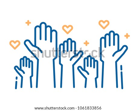 Volunteers and charity work. Raised helping hands. Vector thin line icon illustrations with a crowd of people ready and available to help and contribute. Positive foundation, business, service.