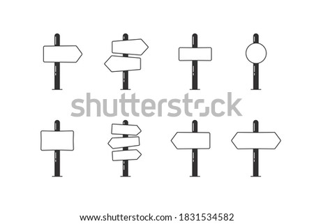 Set of 8 empty road sign post arrows indicating pointing towards directions. Isolated Vector illustration icon graphics to add text with your concepts
