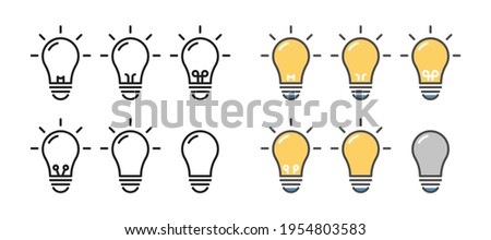 Set of different light bulb styles. Vector thin line icons in outline and coloful filled outline style. For ideas, solutions and brainstorming concepts. On and off versions