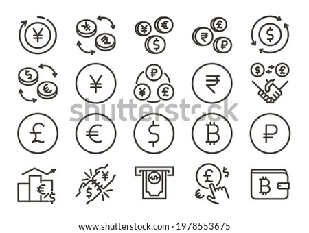 Currency icon set. Vector thin line signs and symbols for different world money currencies, exchanges, trading etc. Dollar, euro, chinese yuan etc