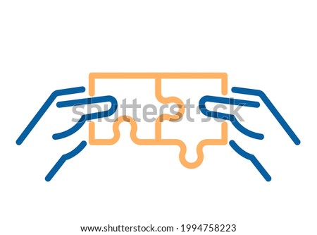 Matching puzzle pieces vector thin line icon. Two hands joining and linking together two pieces of a jigsaw puzzle. Business solutions, ideas, creativity, problem solving and partnerships