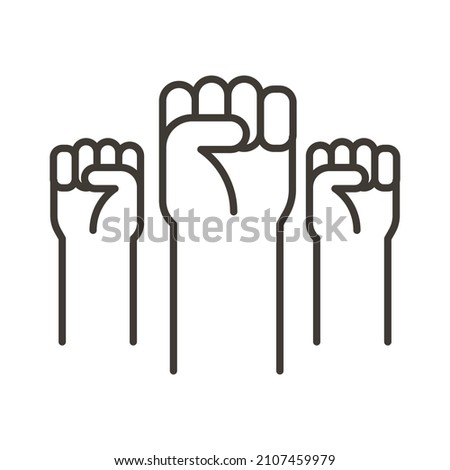 Arms raised up with fist hands closed. Vector thin line icon for concepts of revolution, social issues, riots, strength and success. Crowd power sign