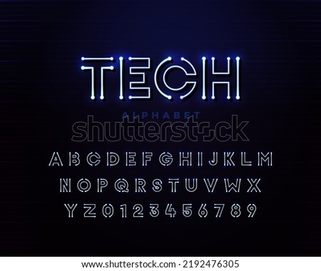 Tech vector font typeface unique design with led neon light lamps. For technology, circuits, engineering, digital , gaming, sci-fi and science subjects.